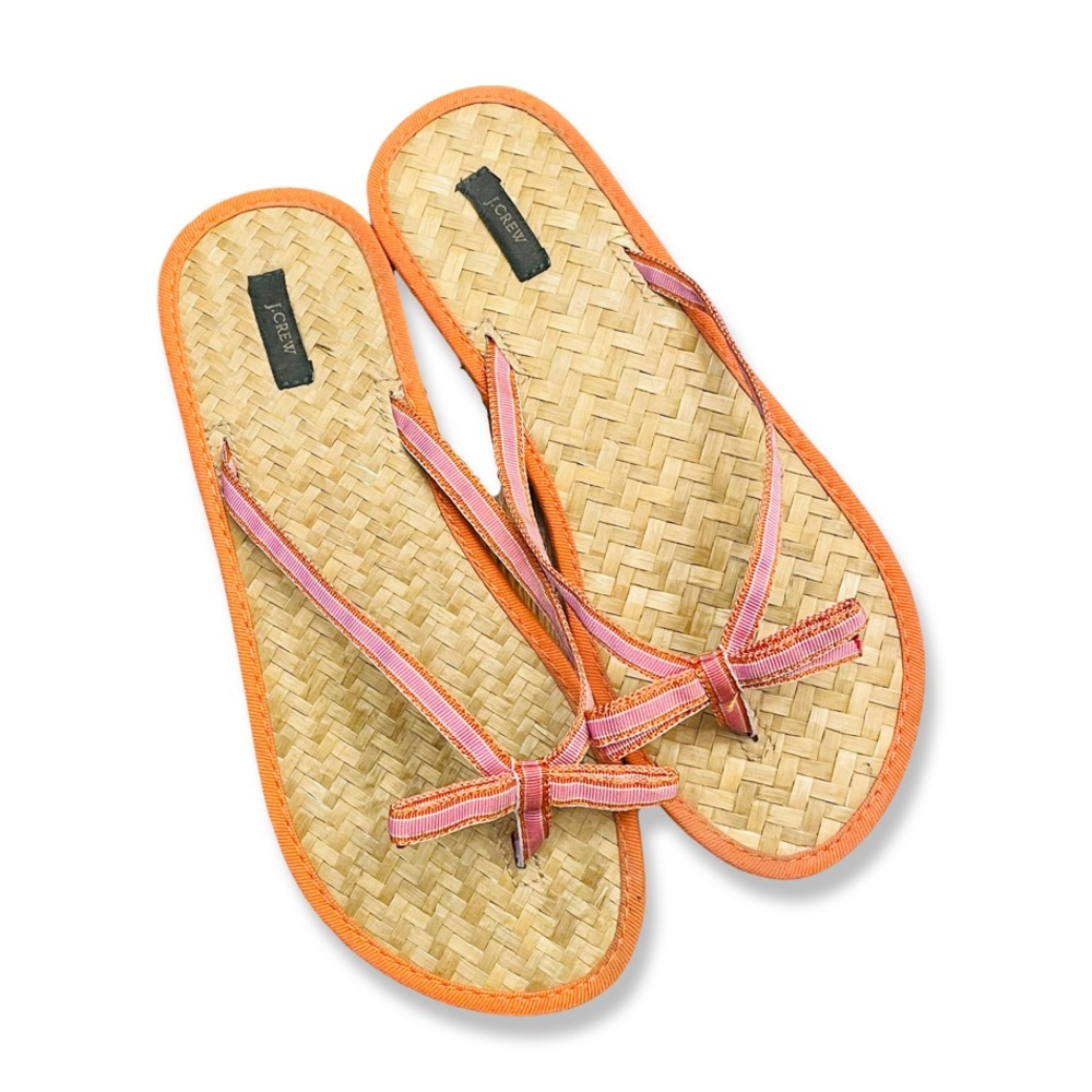 J. Crew Tan Ribbon Woven Straw Footbed Flip Flop Thong Sandals